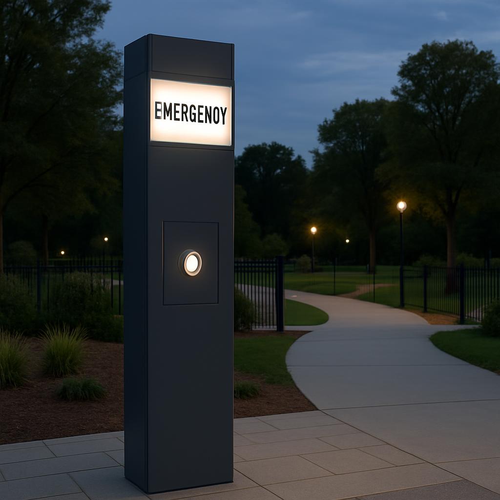 Push button Emergency door release notification system for a park or campus in a tall black weatherproof box on a city str...